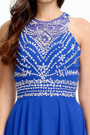 Royal Blue Cutout-Back Beaded Halter Chiffon A-Line Evening Dress