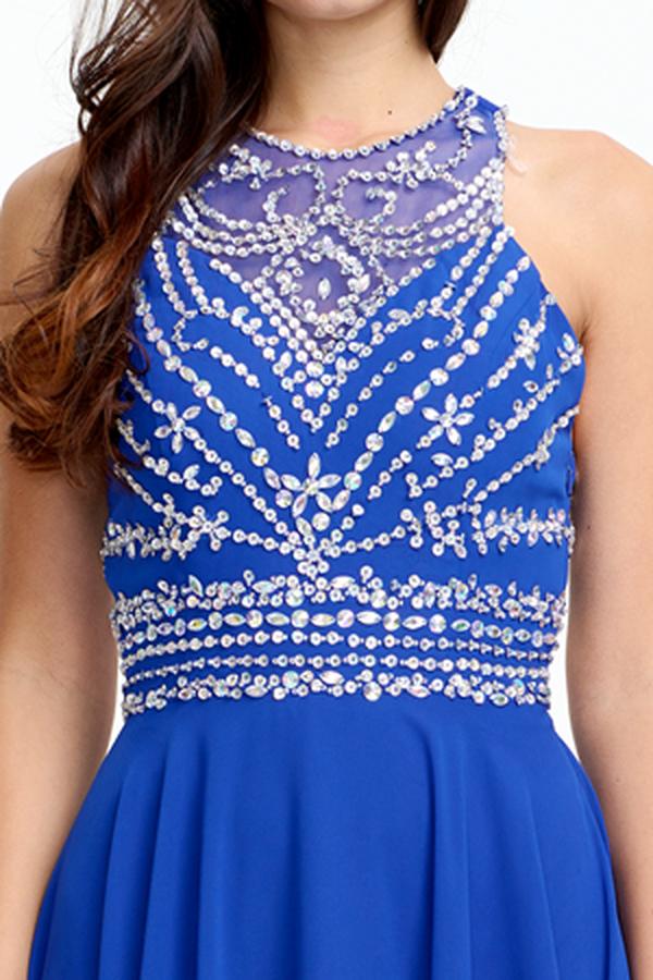 Royal Blue Cutout-Back Beaded Halter Chiffon A-Line Evening Dress