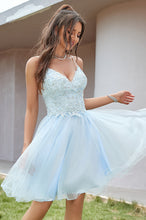 Spaghetti Strap Lace Applique Tulle Short Homecoming Dress with Criss Cross Back