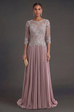Half-Sleeve Lace and Pleated Chiffon Mother of the Bride Dress
