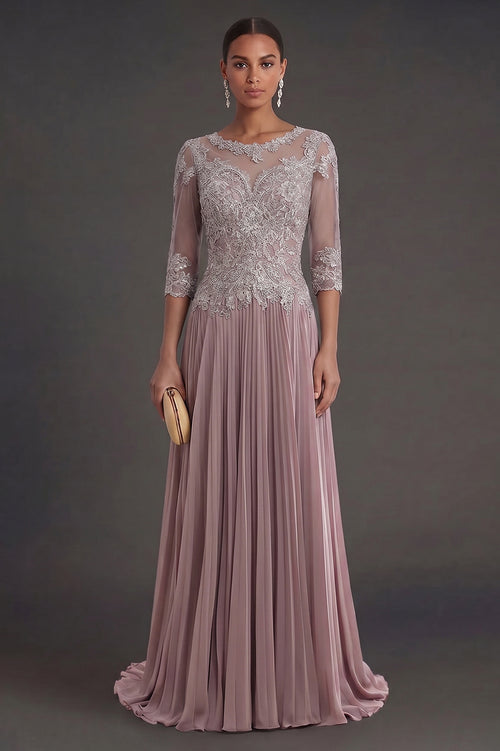 Half-Sleeve Lace and Pleated Chiffon Mother of the Bride Dress
