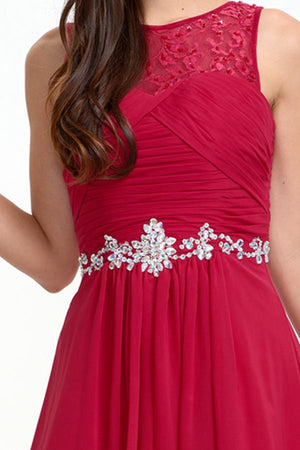 Ruby Red Ruched Chiffon A-Line Evening Dress with Illusion Neckline