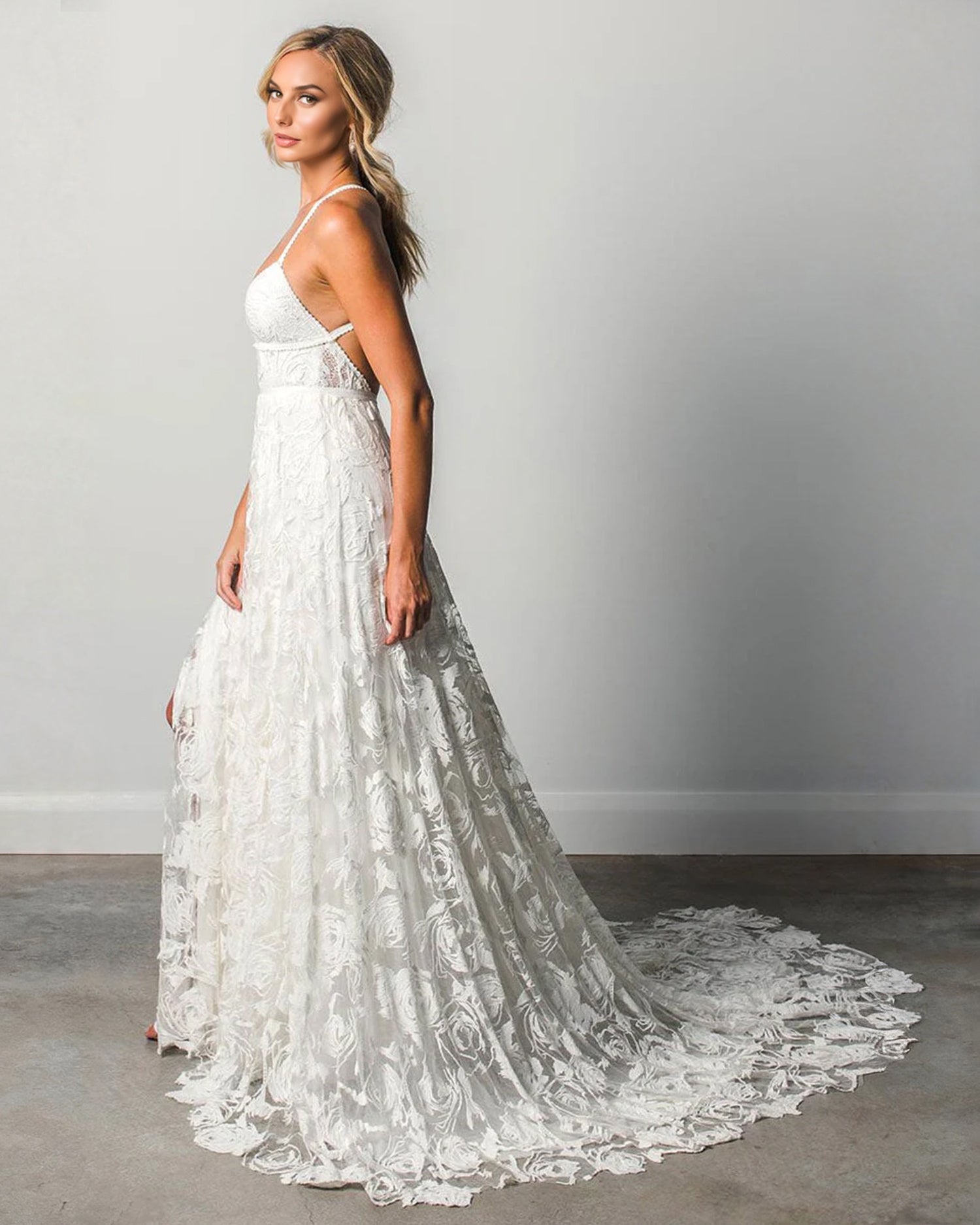 Stunning A-line Spaghetti Straps Split Lace Boho Long Beach Wedding Dresses