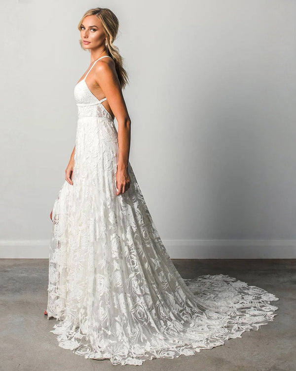 Boho V-Neck Lace A-Line Wedding Dress with High Slit and Train