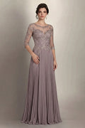 Dusk 3/4-Sleeve Lace and Pleated Chiffon Mother of the Bride Gown