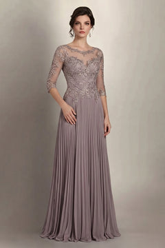 Dusk 3/4-Sleeve Lace and Pleated Chiffon Mother of the Bride Gown