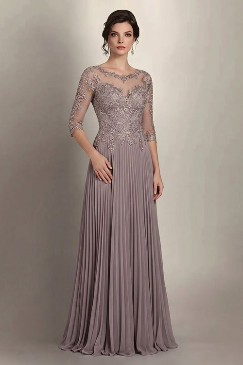 Dusk 3/4-Sleeve Lace and Pleated Chiffon Mother of the Bride Gown