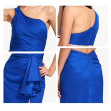 One Shoulder Sleeveless Slim Fit Satin Evening Dress With High Slit