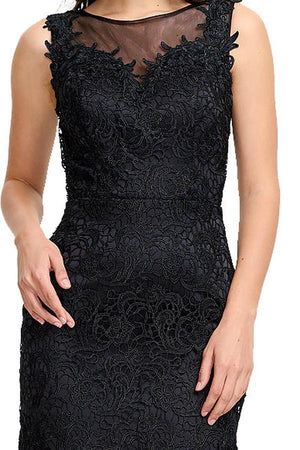 Black Lace Sheath Evening Gown with Illusion Neckline and Low Back