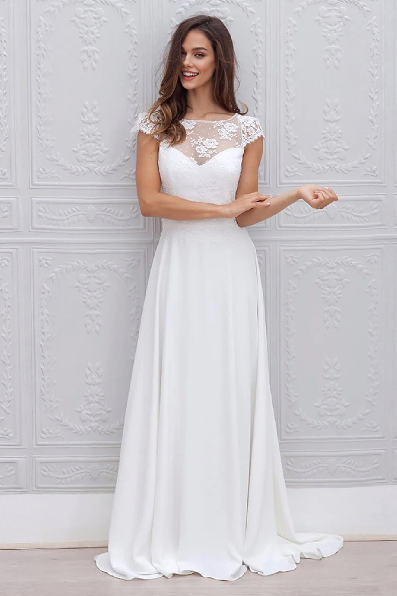 lace top chiffon bottom wedding dress Boho Style A-line Deep Sweetheart Shape Neckline Long Train Chiffon Wedding Dress With Thin Spaghetti Straps and Floral Lace Bodice