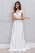 A-Line Cap Sleeves Open Back Lace Chiffon Bridal Wedding Dresses with Sweep Train