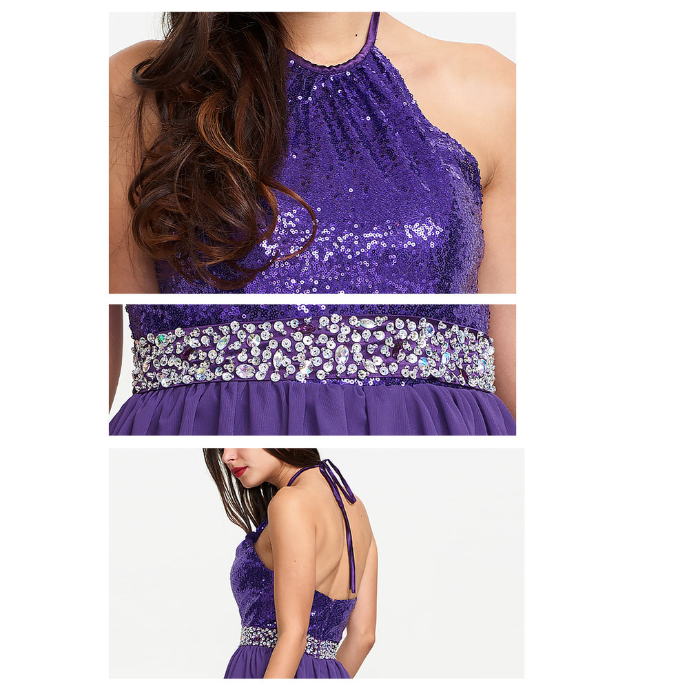 Open-Back Sequin and Chiffon Halter A-Line Prom Dress