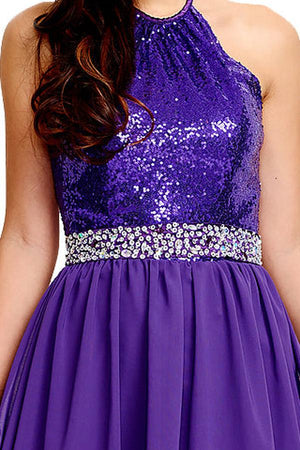 Amethyst Open-Back Sequin and Chiffon Halter A-Line Prom Dress