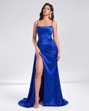 Royal Blue Scoop Mermaid Sleeveless Sweep Train Silk like Satin Ruched Prom Dress