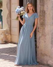 Dusty Blue A-line V Neck Long Floor-Length Chiffon Dresses