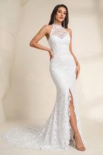 High Neck Sheath/Column Backless Lace Boho Wedding Dress with Long Train