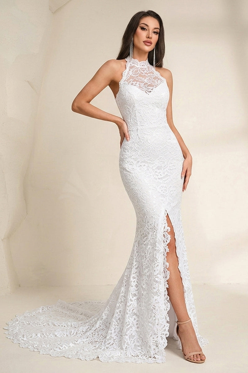 princess polly baby blue dress High Neck Sheath/Column Backless Lace Boho Wedding Dress with Long Tra –  Angrila