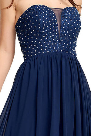 Navy Strapless Plunging Chiffon A-Line Evening Gown