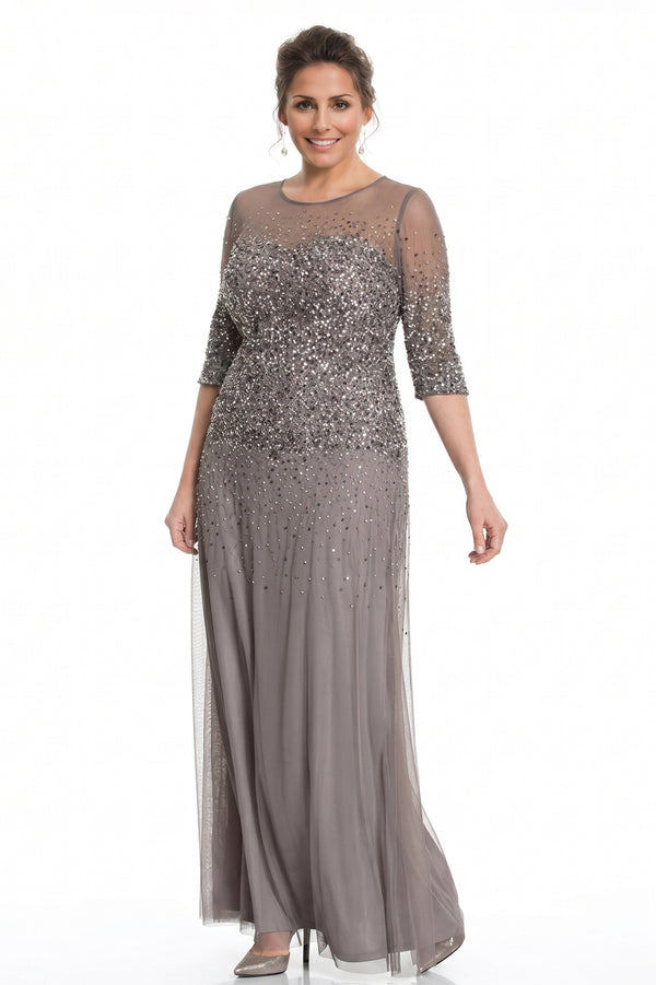 Half-Sleeve Sequin and Tulle Column Mother of the Bride Gown