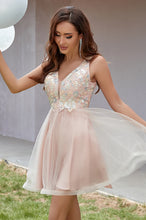 V Neck Floral Applique Tulle Short Homecoming Dress with Low V Back