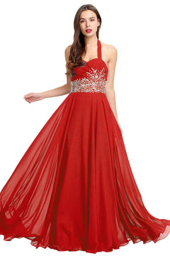 Ruby Red Open-Back Beaded Halter Chiffon A-Line Prom Dress