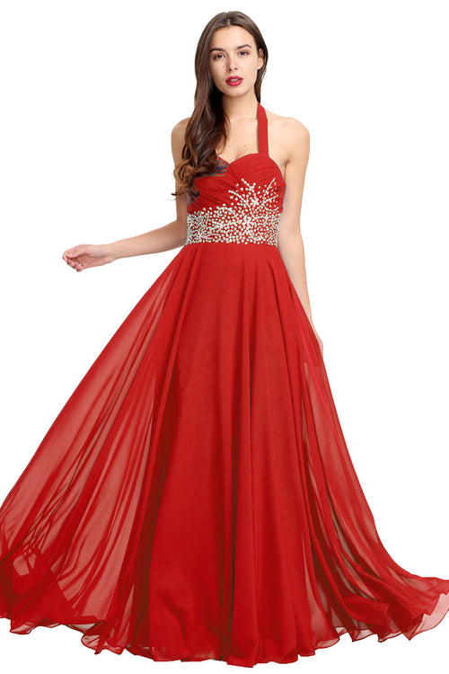 Ruby Red Open-Back Beaded Halter Chiffon A-Line Prom Dress