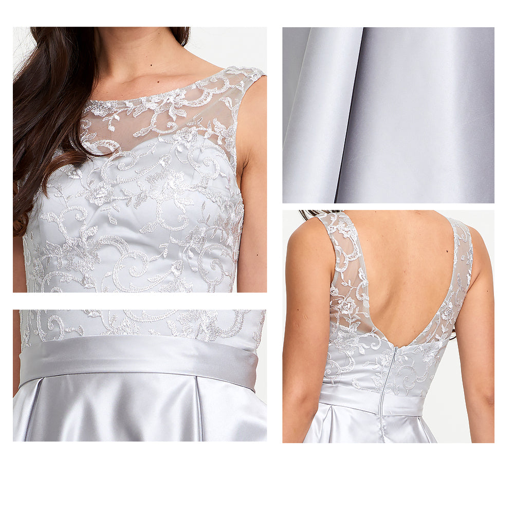 High-Low Satin Cocktail Dress with Lace Bodice, Pleats and Pockets