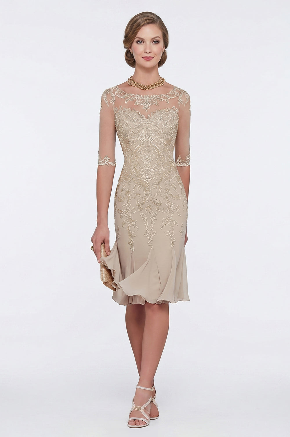 Half-Sleeve Lace Sheath Mother of the Bride Dress with Chiffon Ruffle Hem