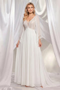 White Boho Bell-Sleeve Lace and Chiffon A-Line Wedding Dress