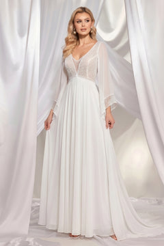 White Boho Bell-Sleeve Lace and Chiffon A-Line Wedding Dress