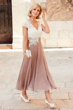 A-line V-neck Cap Sleeves Tea-length Chiffon Lace Mother of the Bride Dresses
