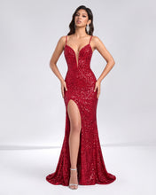 Sparkly Red Sequin Mermaid Slit Long Prom Dress
