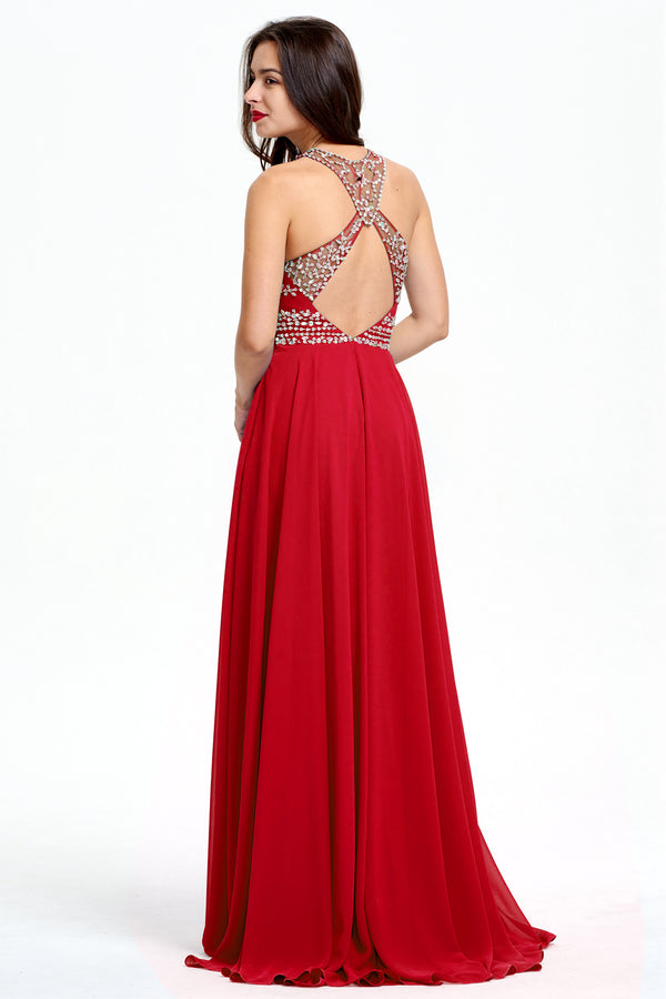 Ruby Red Cutout-Back Beaded Halter Chiffon A-Line Evening Dress
