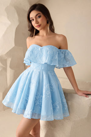 Sky Blue Off-the-Shoulder Ruffle Lace A-Line Mini Homecoming Dress