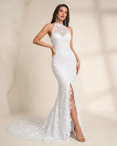 Open-Back High-Neck Lace Mermaid Wedding Dress with Front Slit