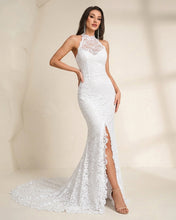 High Neck Sheath/Column Backless Lace Boho Wedding Dress with Long Train