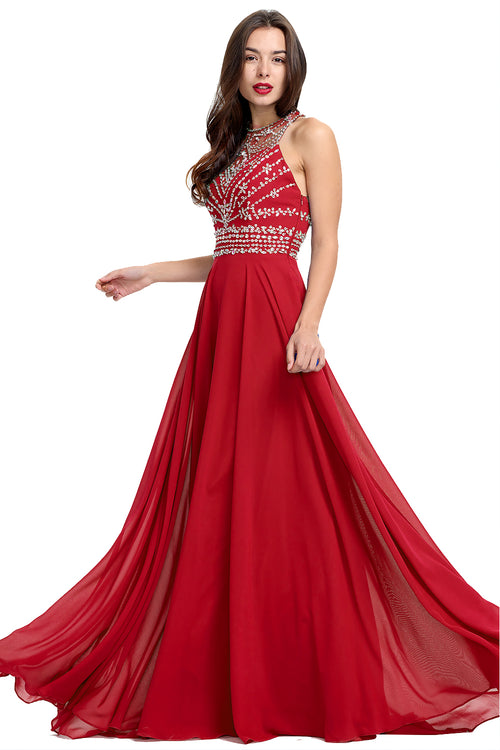 Ruby Red Cutout-Back Beaded Halter Chiffon A-Line Evening Dress