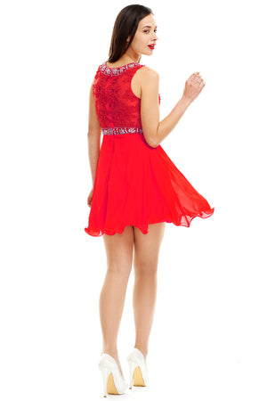 Ruby Red Illusion-Back Lace-Applique Chiffon A-Line Homecoming Dress