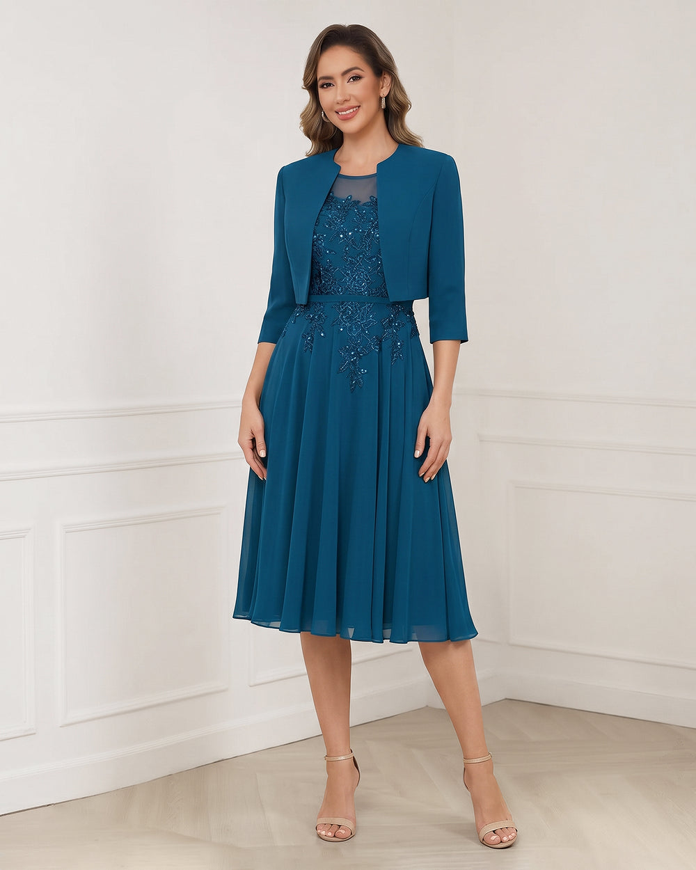 Lace and Chiffon A-Line Mother of the Bride Dress with Cropped Jacket