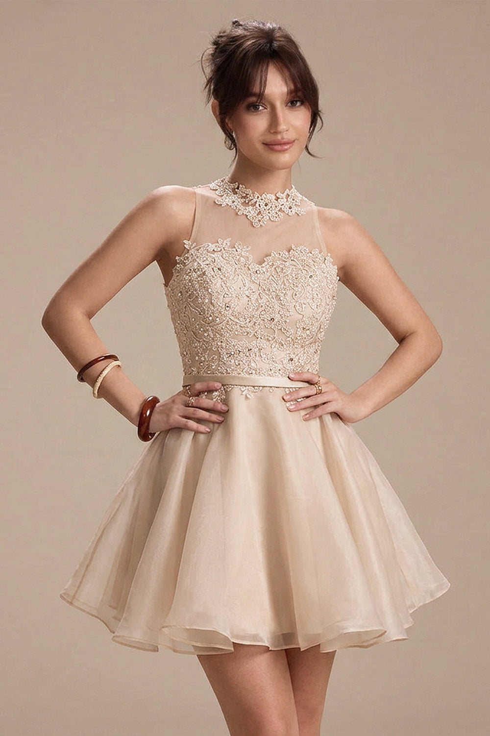 Short Lace and Organza A-Line Homecoming Dress with Illusion Neckline