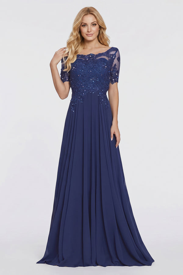 Illusion-Sleeve Lace and Chiffon A-Line Mother of the Bride Gown
