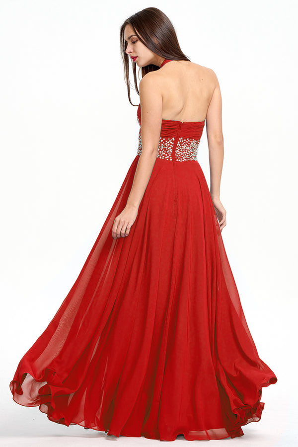 Ruby Red Open-Back Beaded Halter Chiffon A-Line Prom Dress