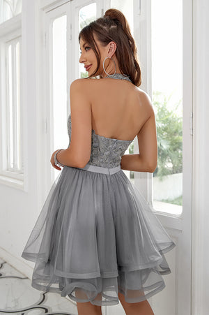Silver Open-Back Halter Lace and Tiered Tulle A-Line Short Homecoming Dress