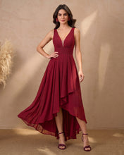 Burgundy V Neck Pleated Prom Dress High low