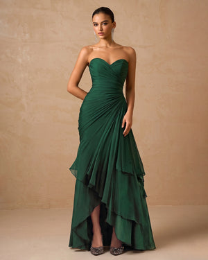 Dark Green Strapless High-Low Ruffle Chiffon Sheath Evening Dress