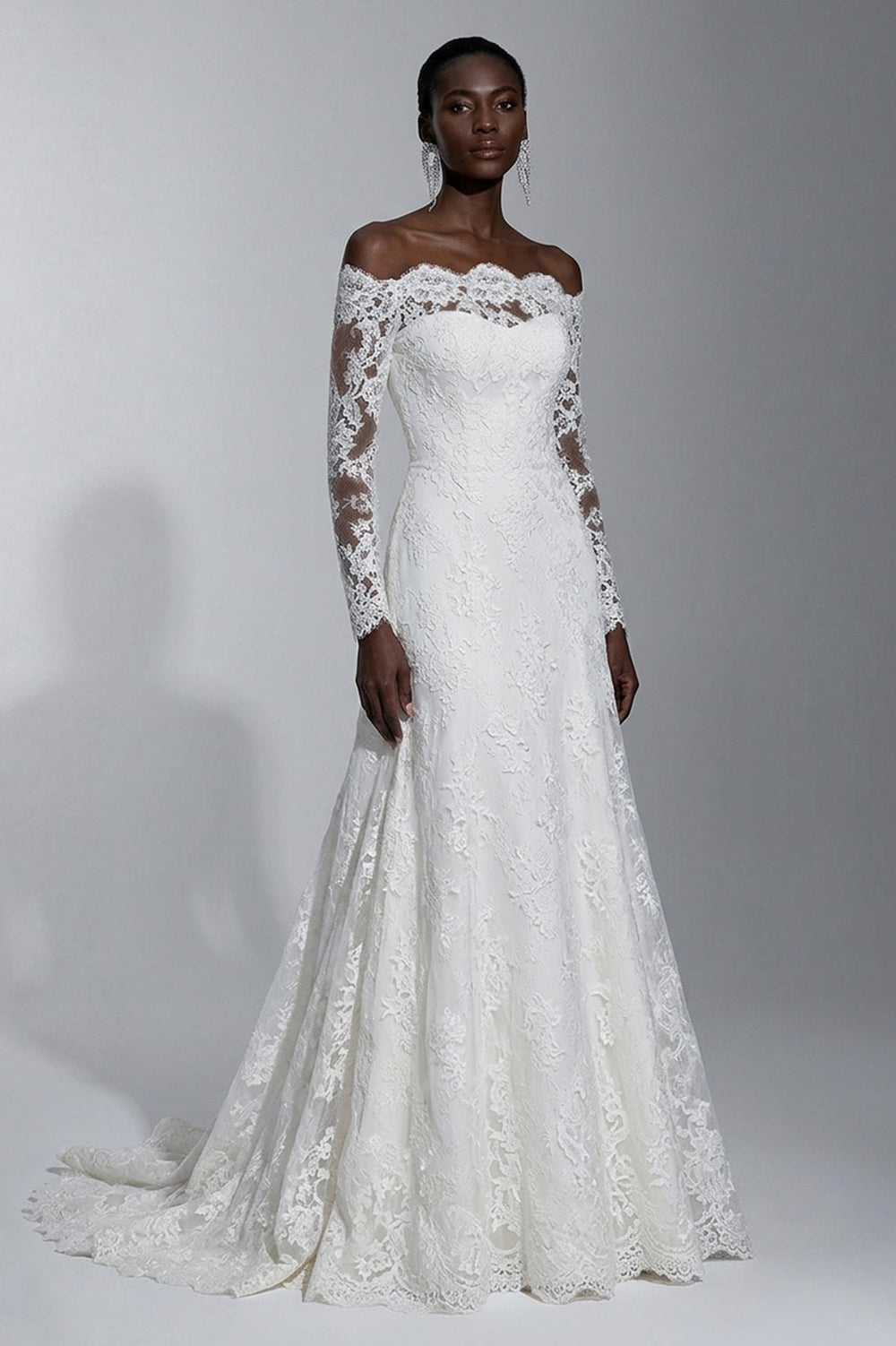 Off-the-Shoulder Long-Sleeve Lace Wedding Dress with Scalloped Train