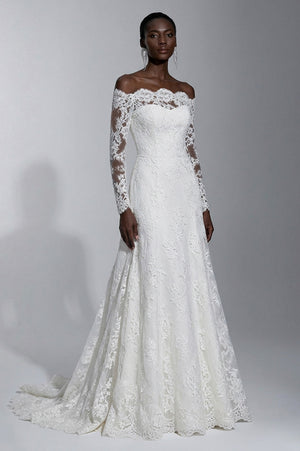 Ivory Off-the-Shoulder Long-Sleeve Lace Wedding Dress with Scalloped Train