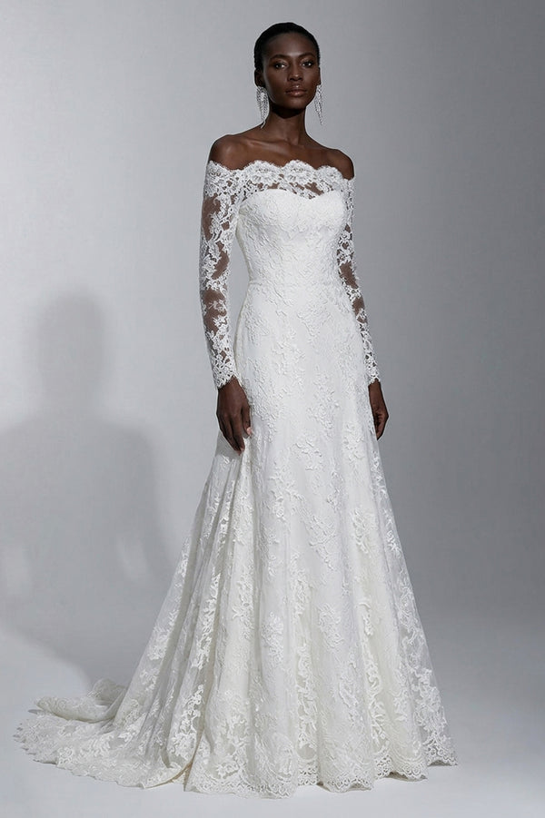 Ivory Off-the-Shoulder Long-Sleeve Lace Wedding Dress with Scalloped Train