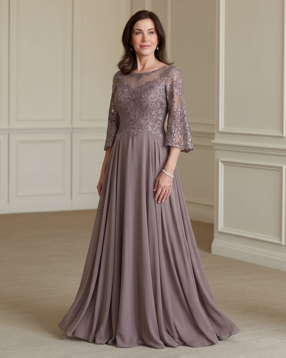 Half-Sleeve Chiffon Mother of the Bride Dress with Lace Bodice