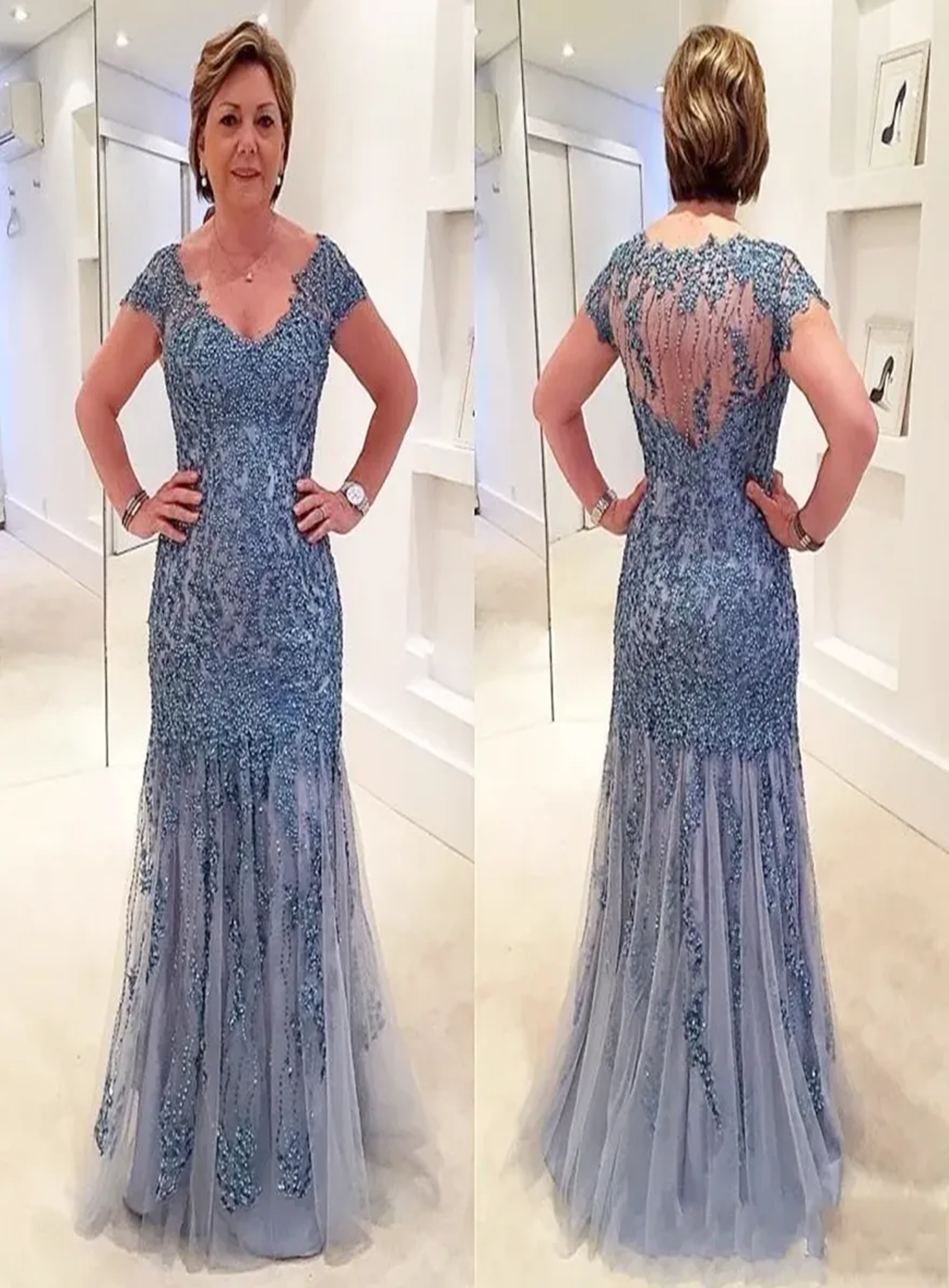 V-Neck Long Lace Appliques Beaded Mother Of The Bride Dress